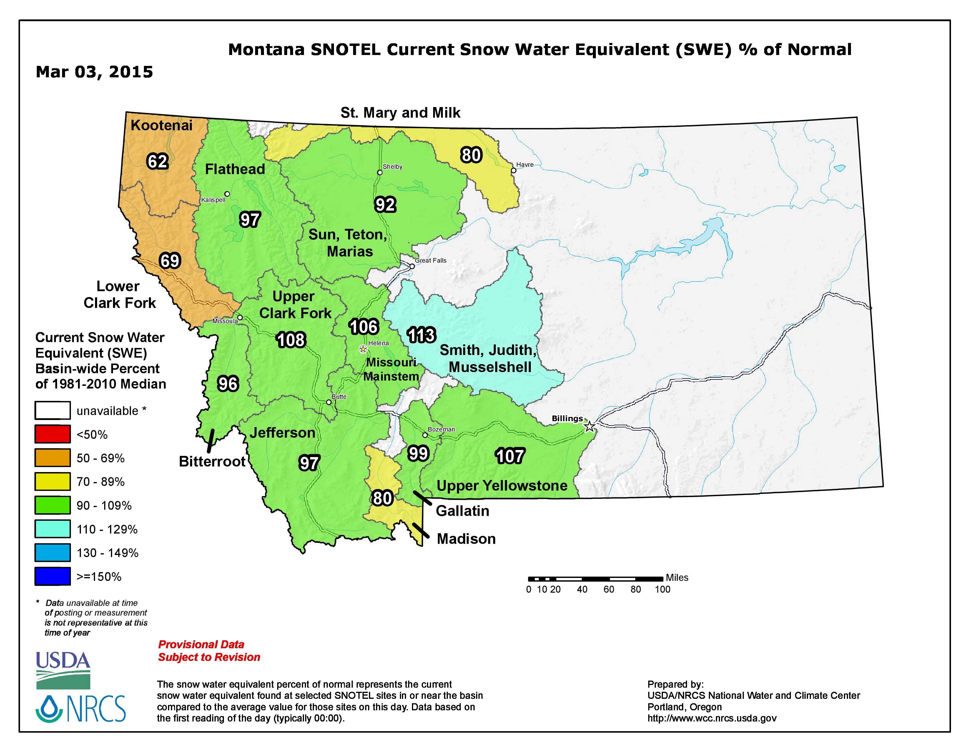Map showing the percent of normal snow water equivalent for March 3rd. At 90-109%, the Gallatin is near normal.