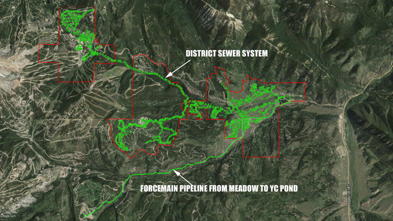 Map showing Big Sky Water & Sewer District Boundary (red) , District sewer system (green), and forcemain pipe that runs from the ponds in the Meadow Village to the Yellowstone Club. Map courtesy of the Big Sky Water and Sewer District.