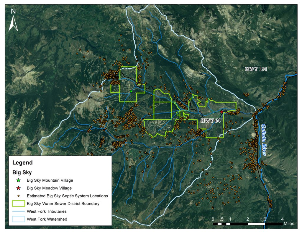 Map with the estimated locations of businesses and residences with septic systems in Big Sky, MT.